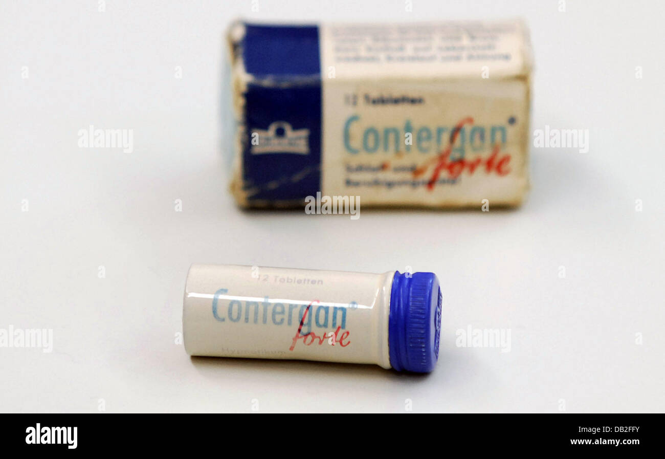 The picture shows an original packing of 'Contergan' medecine in Ulm, Germany, 13 November 2007. 'Contergan' caused congenital deformities for newborns in the 1950s and 1960s. Photo: Stefan Puchner Stock Photo