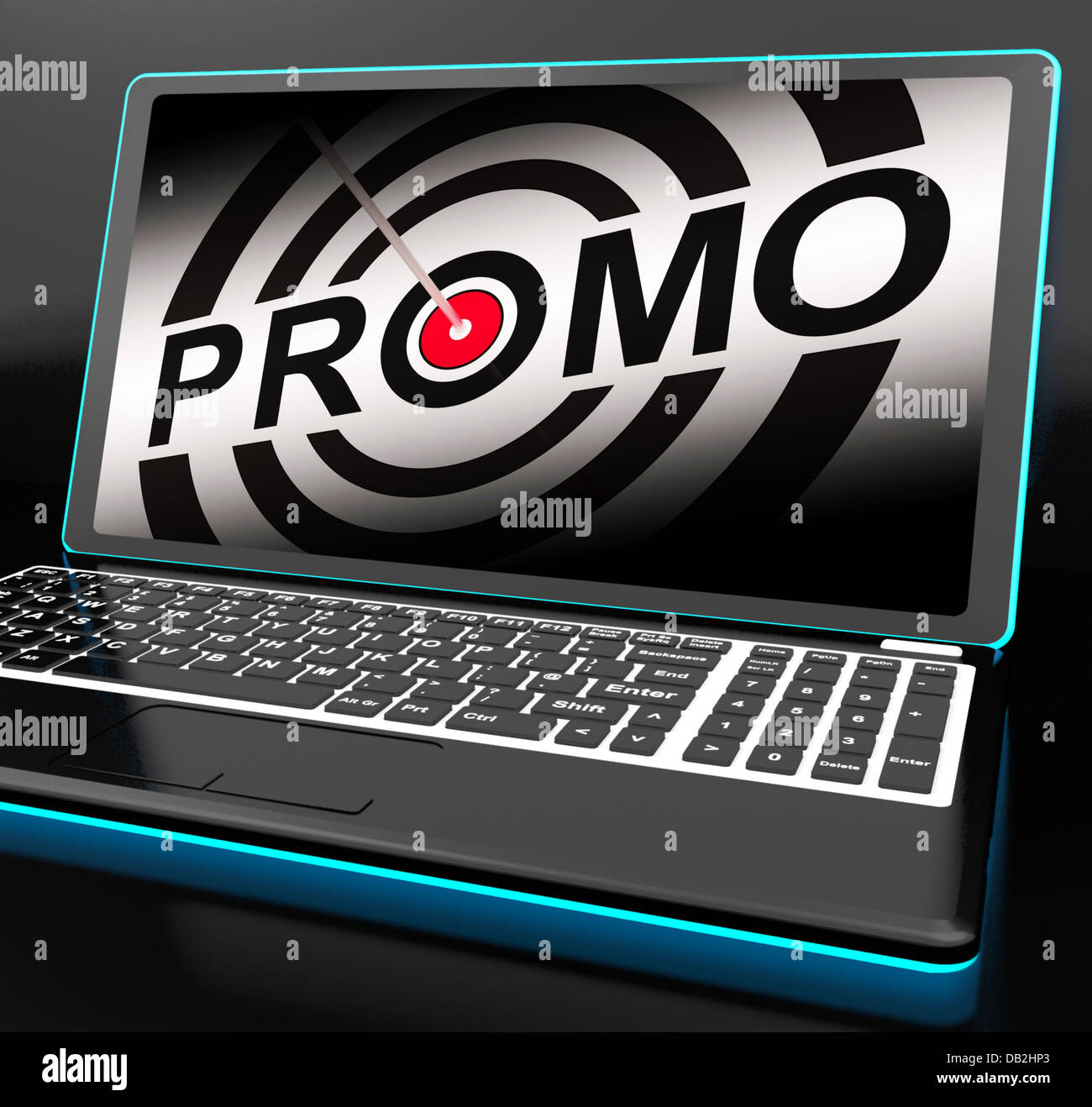 Promo On Laptop Shows Special Promotions Stock Photo