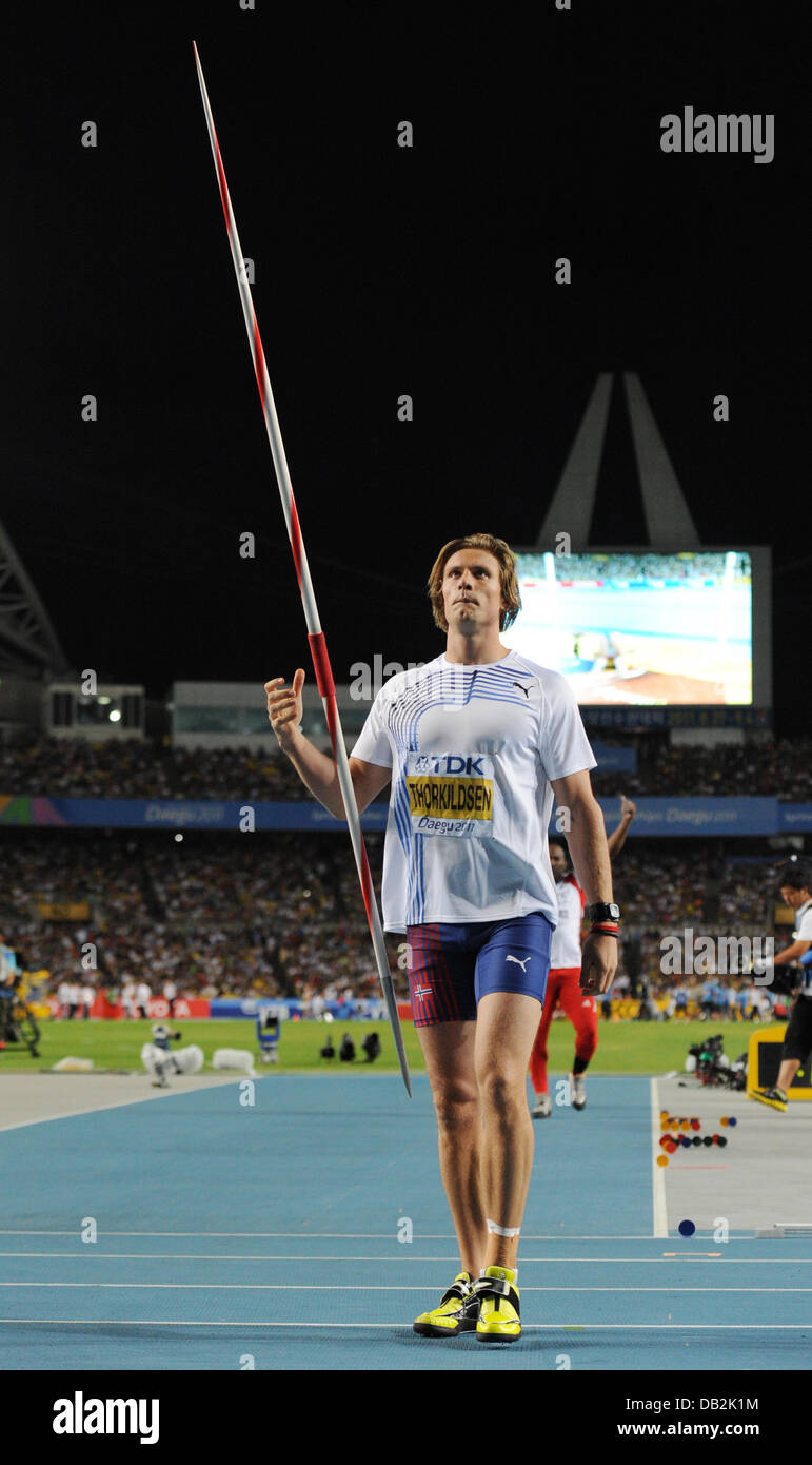 Andreas Thorkildsen from Norway competes in the Javelin Throw final at the 13th IAAF World Championships in Daegu, Republic of Korea, 03 September 2011. Photo: Rainer Jensen dpa Stock Photo
