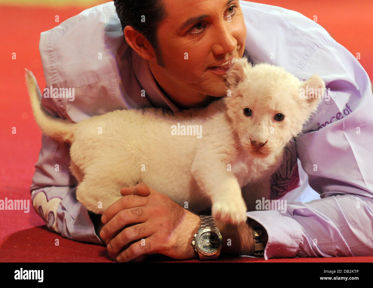 Lion trainer Martin Lacey jr. carries a white lion cub during a press call at the Circus Krone
