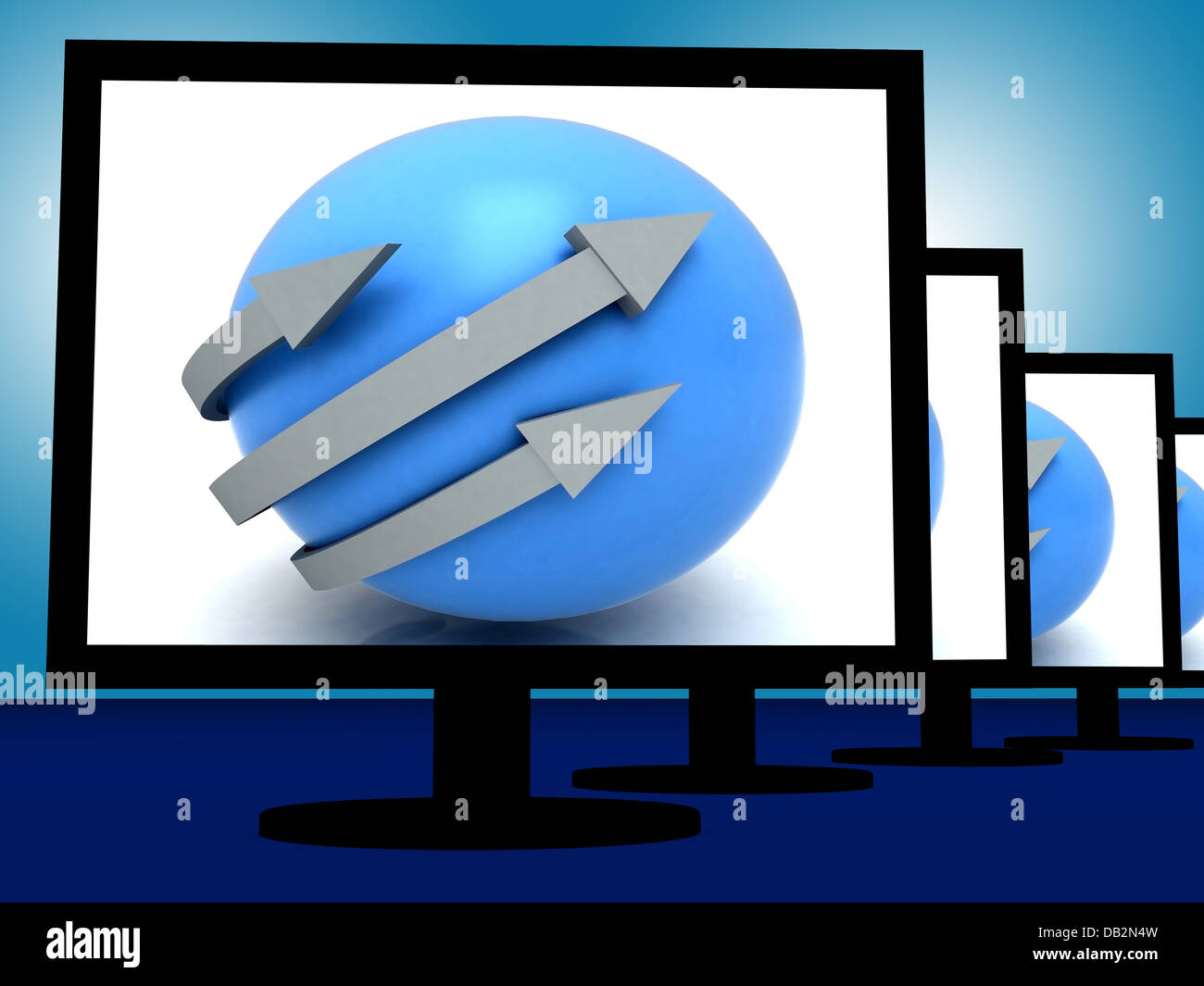 Arrows Around Ball On Monitors Shows Circular Direction Stock Photo