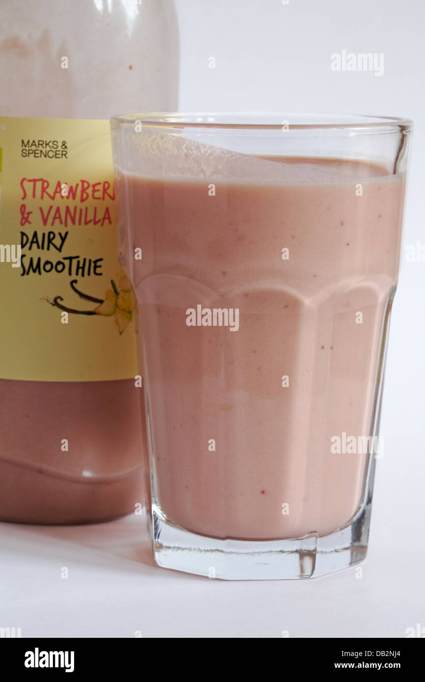 glass and bottle of Marks & Spencer Strawberry & Vanilla Dairy Smoothie