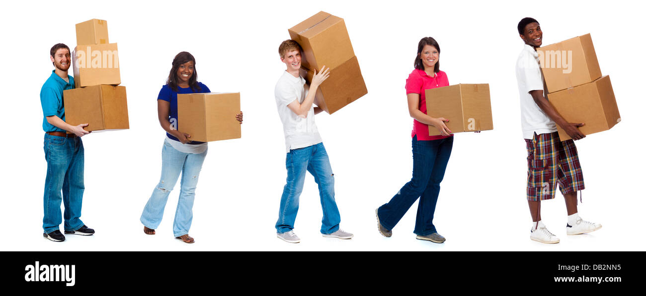 A group of college students and friends carrying moving boxes on a ...