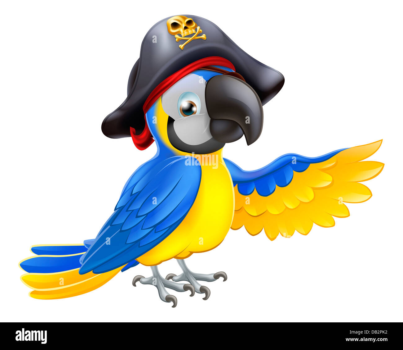 A drawing of a cartoon parrot pirate character with eye patch and hat with skull and crossbones pointing with its wing Stock Photo