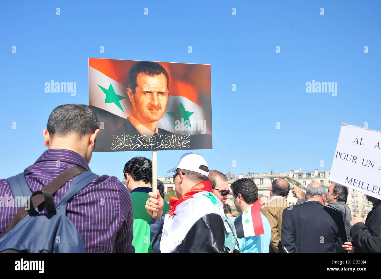 Supporters of Syrian president Bachar al-Assad demonstrate near the Eiffel Tower, Paris, on April 9, 2011. Protestors in Syria Stock Photo