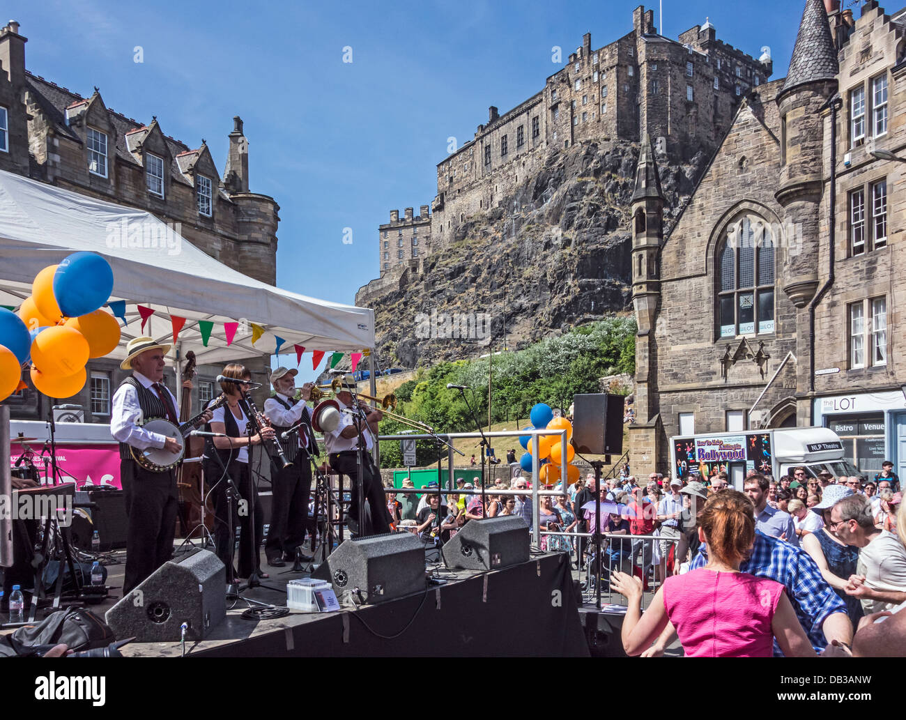 The Rae Brothers New Orleans Jazz Band playing at 2013 Edinburgh Jazz & Blues Festival in Grassmarket at the Mardi Gras event Stock Photo
