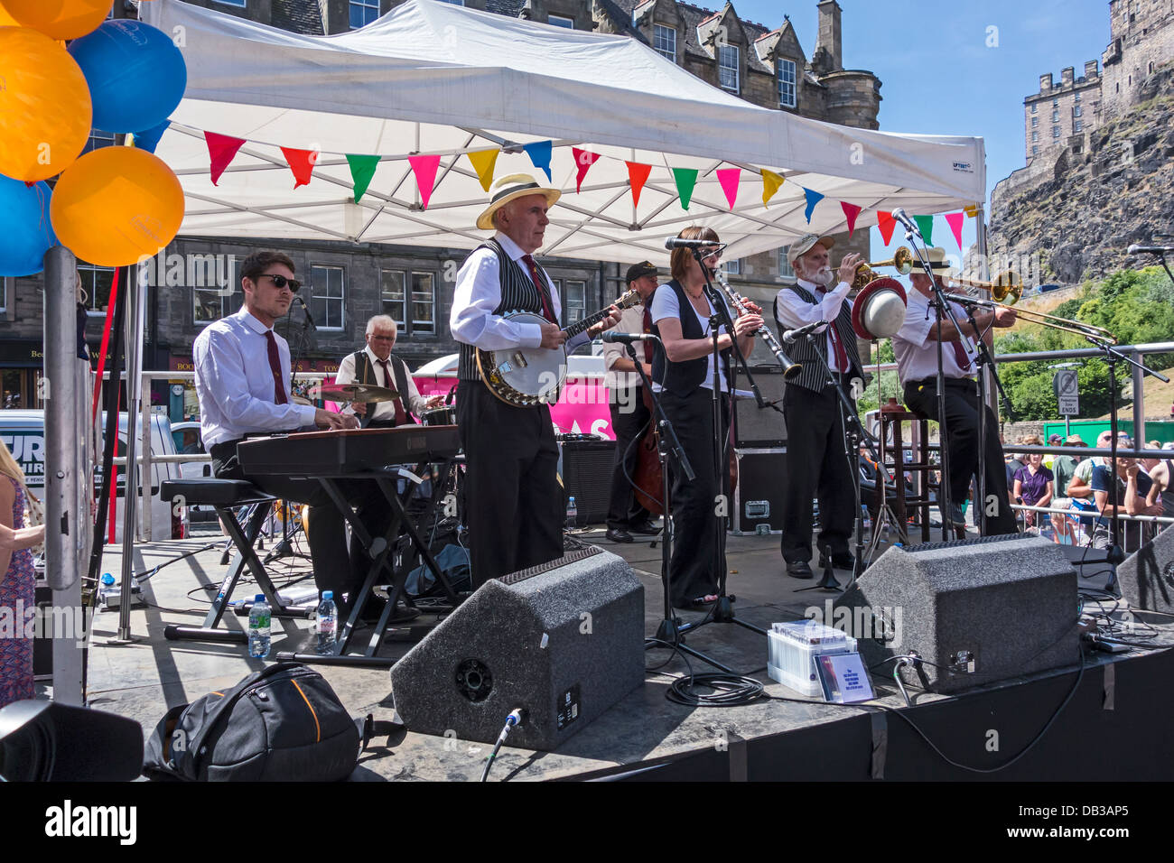 The Rae Brothers New Orleans Jazz Band playing at 2013 Edinburgh Jazz & Blues Festival in Grassmarket at the Mardi Gras event Stock Photo