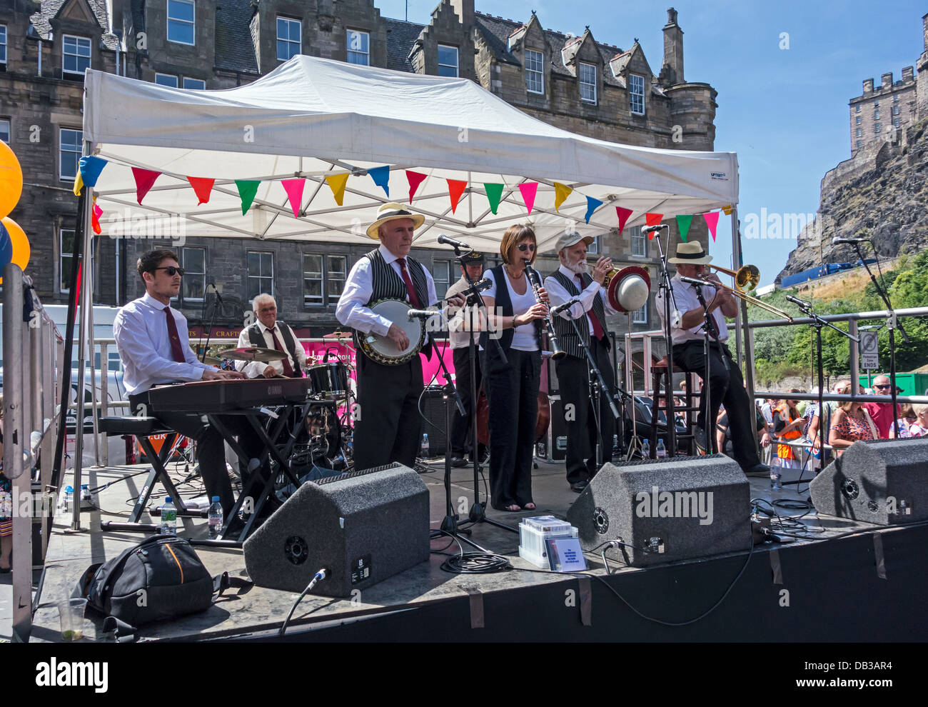 The Rae Brothers New Orleans Jazz Band playing at 2013 Edinburgh Jazz & Blues Festival in Grassmarket at the Mardi Gras event Stock Photo