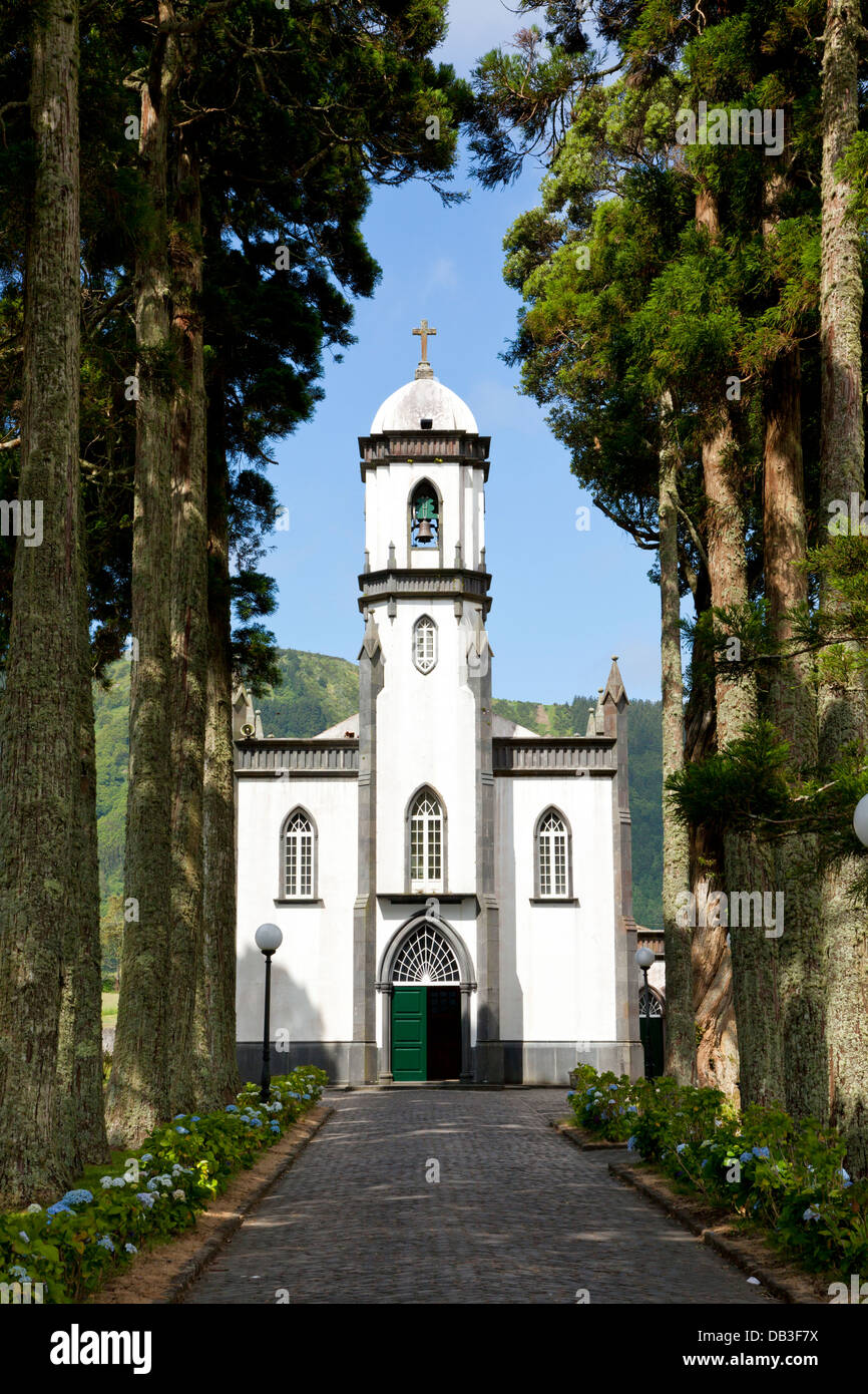 Igreja São Nicolau, small village church at Sete Cidades, São Miguel, Azores Stock Photo
