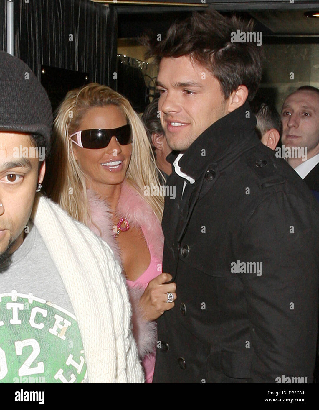 Katie Price a leaving Whisky Mist in a pink fur coat with and Leandro Penna London, England - 13.04.11 Stock Photo