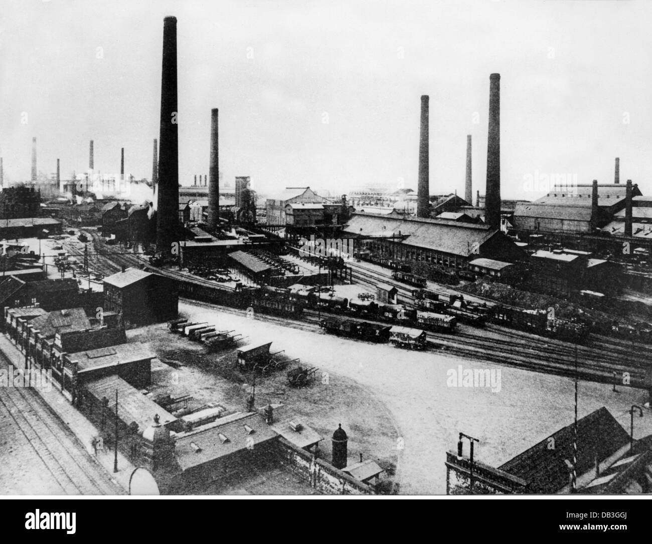 industry,metal,Gewerkschaft Deutscher Kaiser(GDK),exterior view,blast furnace group with coking plant,Thomaswerk,Hamborn,late 19th century,19th century,geography / travel,Germany,Nordrhein Westphalia,Nordrhein- Westfalen North Rhine-Westphalia,North-Rhine,Rhine,Westphalia,Nordrhein-Westfalen,Nordrhein-Westphalen,Duisburg,industrialization,industrialisation,metal industry,heavy industry,heavy industries,metallurgy,smeltery,smelting plant,smelteries,smelting plants,ironworks,factory,factories,factory site,chimney,chimneys,railw,Additional-Rights-Clearences-Not Available Stock Photo