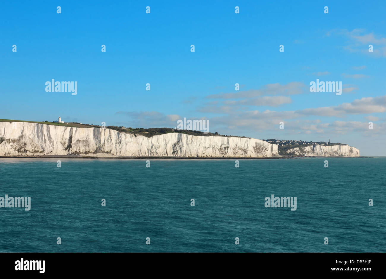 Sea view of the famous white cliffs near Dover in UK from a ferry leaving Great Britain toward France. Stock Photo