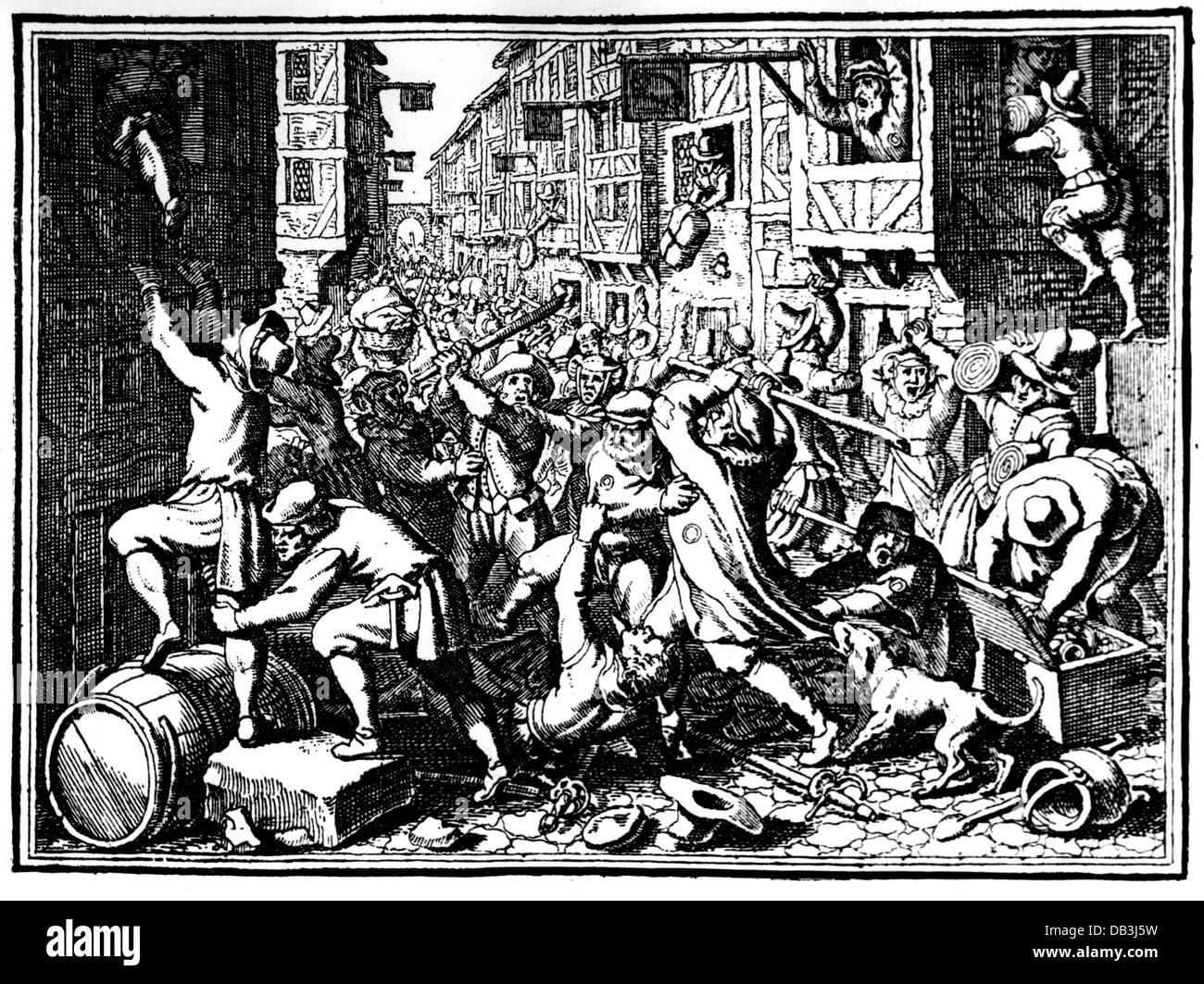 Judaism  persecution of the Jews, looting of the Jewish lane in Frankfurt am Main during the Fettmilch uprising, 22.8.1614, copper engraving by Matthew Merian the Elder, 'Historische Chronik' of Johann Ludwig Gottfried, 1628, Artist's Copyright has not to be cleared Stock Photo