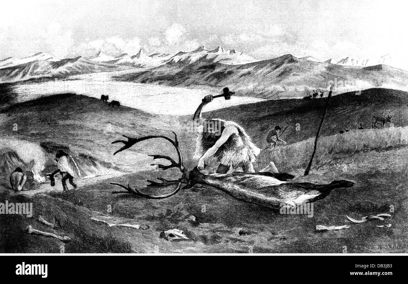 hunting,prehistory,reindeer hunt in the moraine landscape of Upper Swabia during the last Pleistocene,after painting by W.Kranz,wood engraving,19th century,Stone Age,graphic,graphics,half length,prehistoric man,prehistoric men,hunter,hunters,quarry,horns,antlers,hammer,hammers,to carve,dismember,discerp,dismembering,discerping,hunting,huntsmanship,prehistory,prehistoric times,prehistoric,reindeer,hunt,hunts,Pleistocene,ice age,diluvium,drift period,diluvial period,glacial epoch,glacial time,historic,historical,people,Additional-Rights-Clearences-Not Available Stock Photo