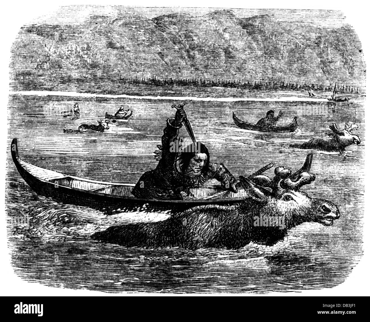 hunting, moose, North American Indians hunting mooses, Yukon, Alaska, after drawing, from: Frederick Whymper (1838 - 1901), 'Travel and Adventure in the Territory of Alaska', 1868, wood engraving, 19th century, Additional-Rights-Clearences-Not Available Stock Photo