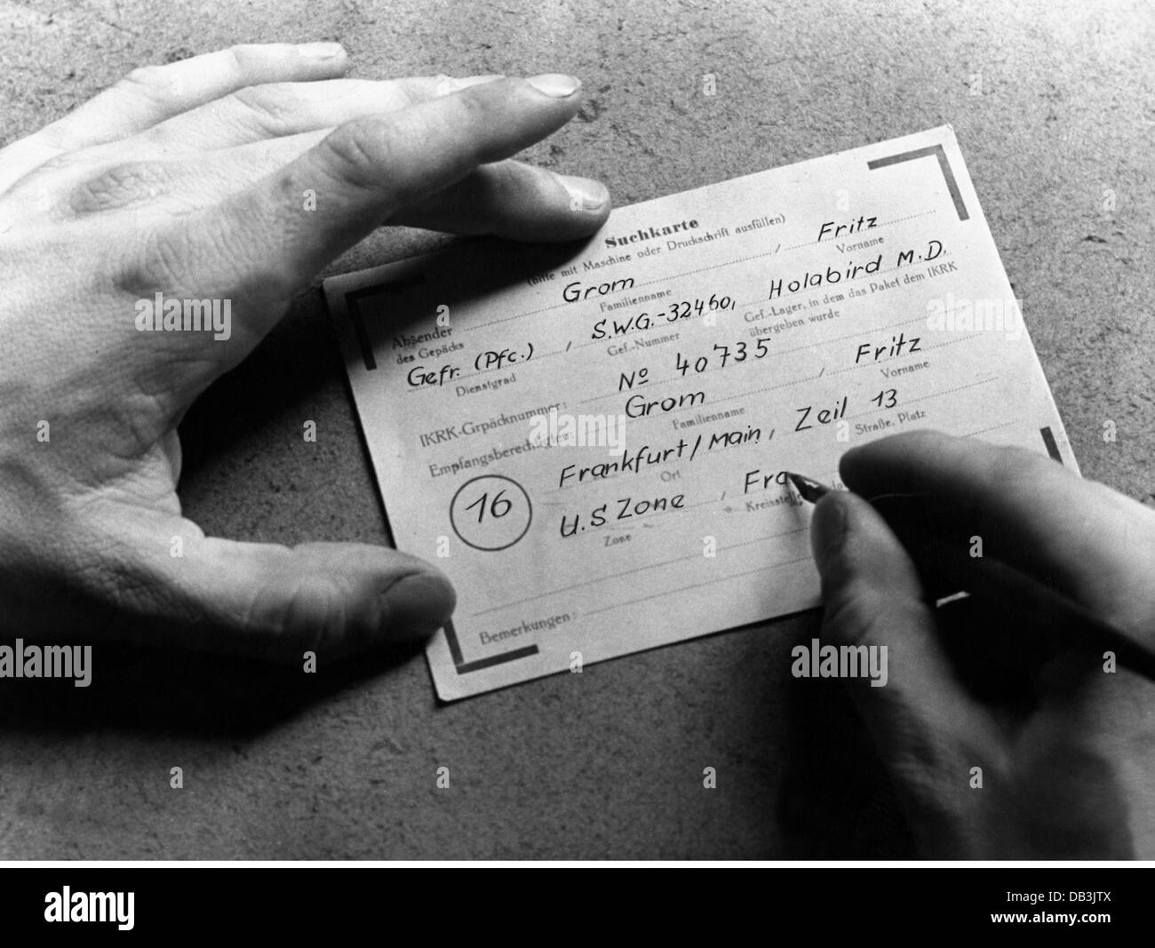post war period, prisoner of war, USA, search card of the international committee of the red cross for baggage, German private Fritz Grom, Camp Holabird, Maryland, circa 1948, Additional-Rights-Clearences-Not Available Stock Photo