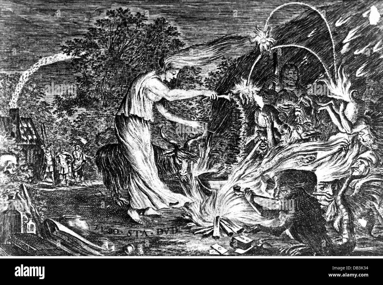 religion, biblical scenes, Witch of Endor, copper engraving, 17th century, Israel, witches, medium, necromancer, Bible, Old Testament, First book of Samuel, chritianity, historic, historical, people, Artist's Copyright has not to be cleared Stock Photo