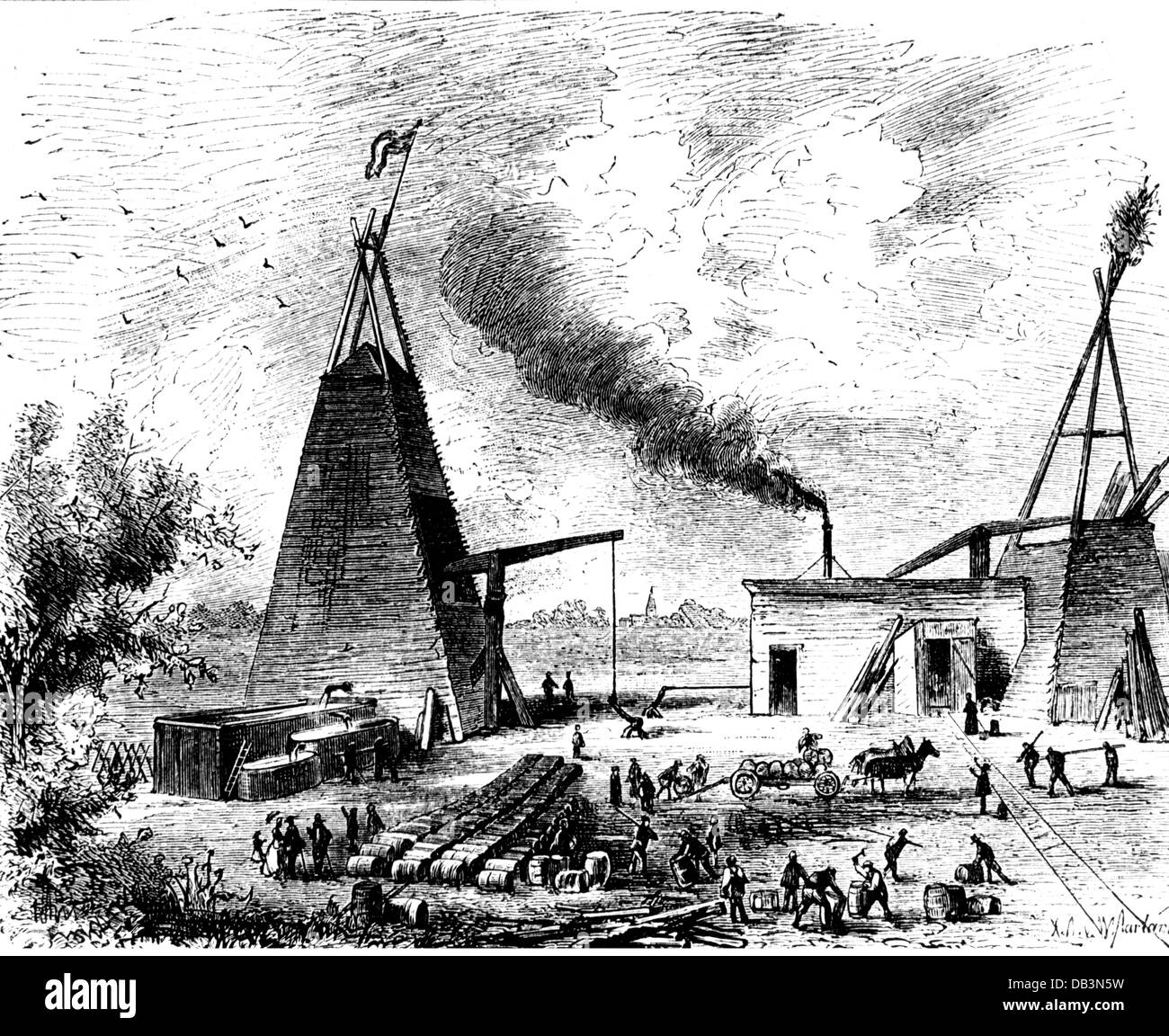 energy, petroleum, oil drilling, near Oelheim, Peine, after a drawing by Alfred  Schütze, wood engraving, 1881, Additional-Rights-Clearences-Not Available  Stock Photo - Alamy