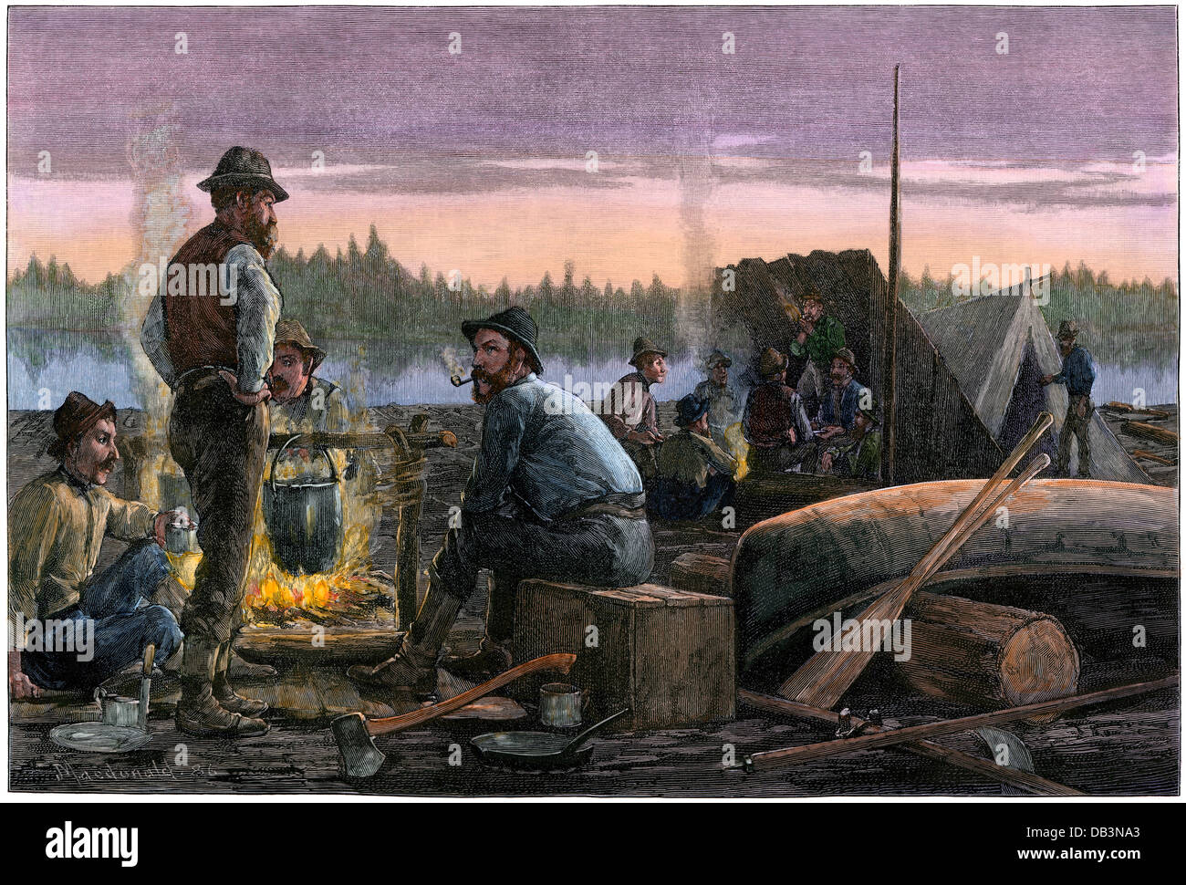 Loggers camping on a lumber raft on a river in the north woods, 1880s.  Hand-colored woodcut Stock Photo