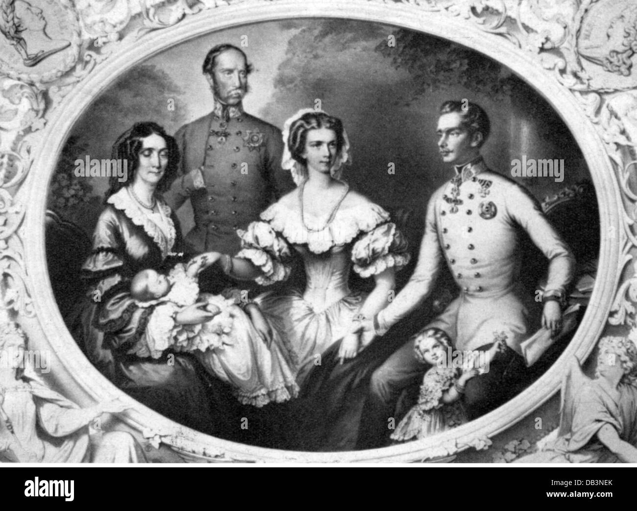Franz Joseph I, 18.8.1830 - 21.11.1916, Emperor of Austria 2.12.1848 - 21.11.1916, with wife Empress Elisabeth (Sisi), parents Archduke Franz Karl and Archduchess Sophie, children Archduchess Sophie and Archduchess Gisela, after lithograph, 1856, Stock Photo