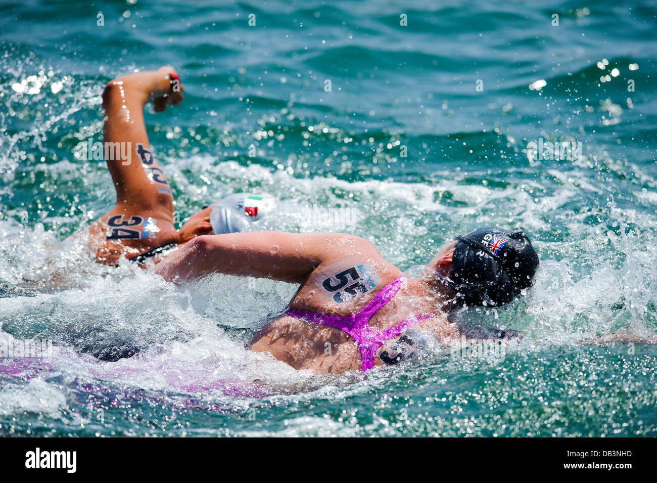 Barcelona, Spain. 23rd July, 2013. Keri-Anne Payne (#55) of Great Britain (GBR) in action during the Womens 10km Open Water Swimming competition on Day 4 of the 2013 FINA World Championships at Port Vell. Credit:  Action Plus Sports/Alamy Live News Stock Photo