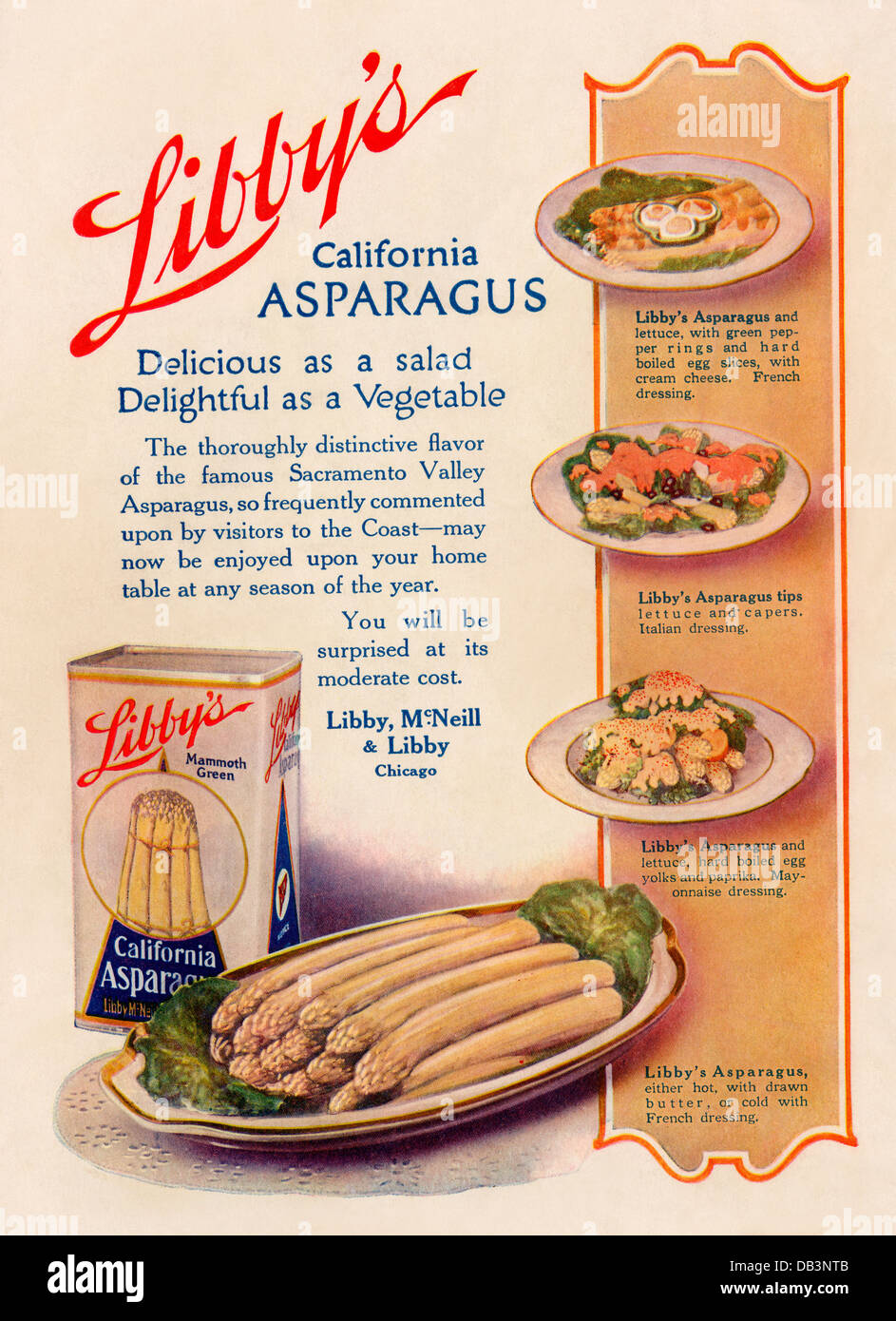 Advertisement for Libby's canned asparagus, Color halftone illustration Stock Photo