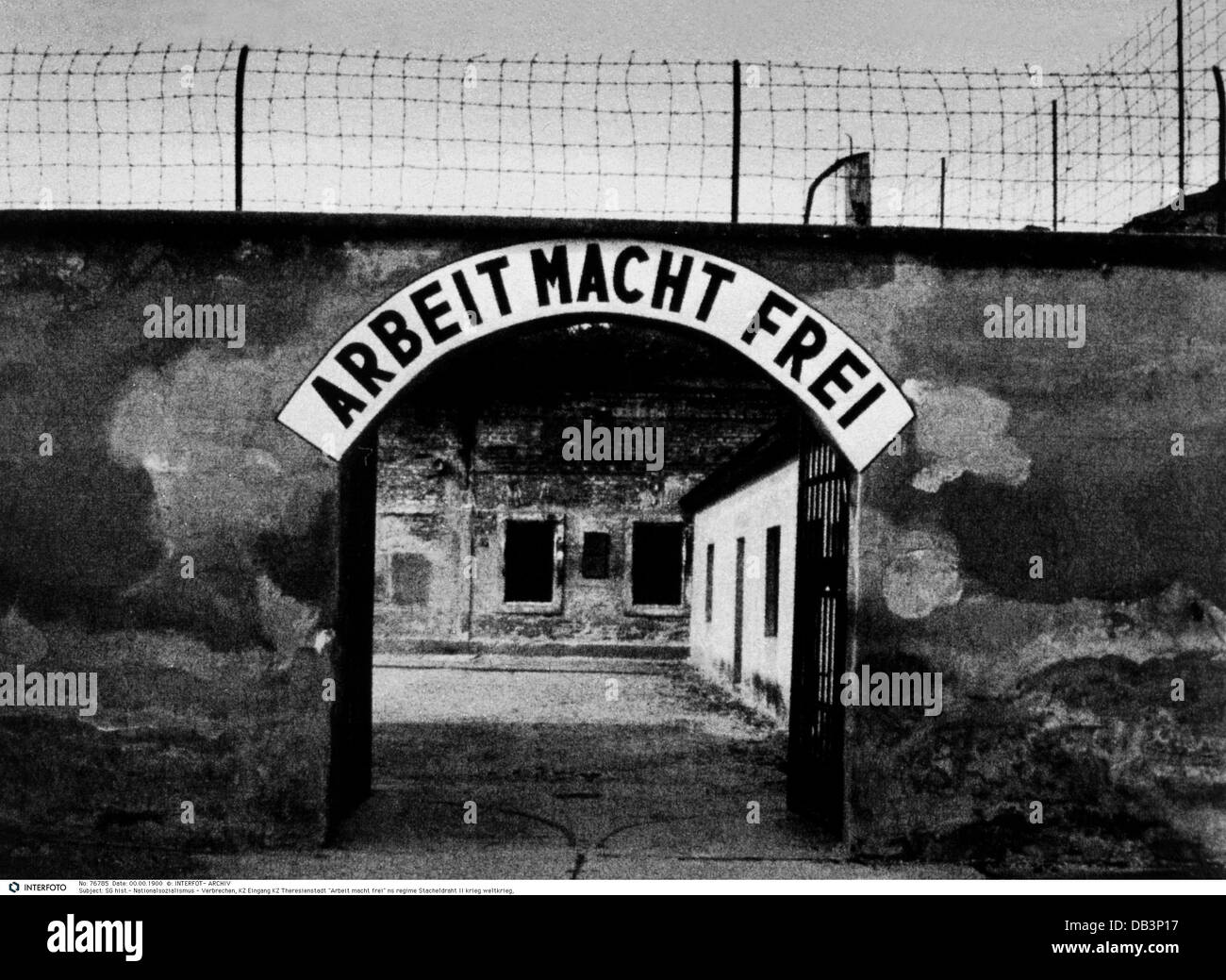 National Socialism / Nazism, crimes, Theresienstadt concentration camp, entrance, 'Arbeit macht frei' (work makes free), Additional-Rights-Clearences-Not Available Stock Photo