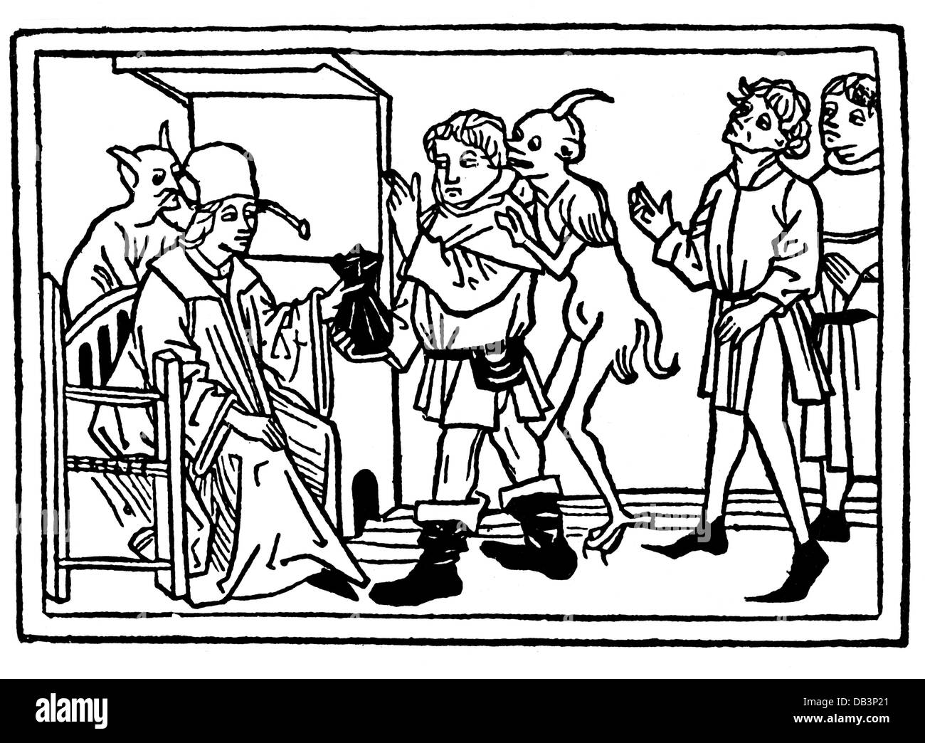 justice, crime, bribery, civil law notary bribed with money, woodcut, from: Rodericus Zamorensis (1404 - 1470): 'Speculum Vitae Humanae', print: J.Bämler, Augsburg, 1479, Additional-Rights-Clearences-Not Available Stock Photo