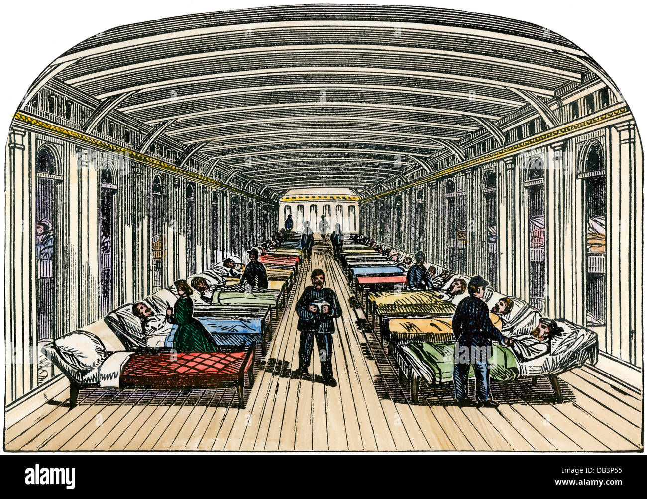 Wounded soldiers on a Union hospital steamboat on the Tennessee River, US Civil War.  Hand-colored woodcut Stock Photo