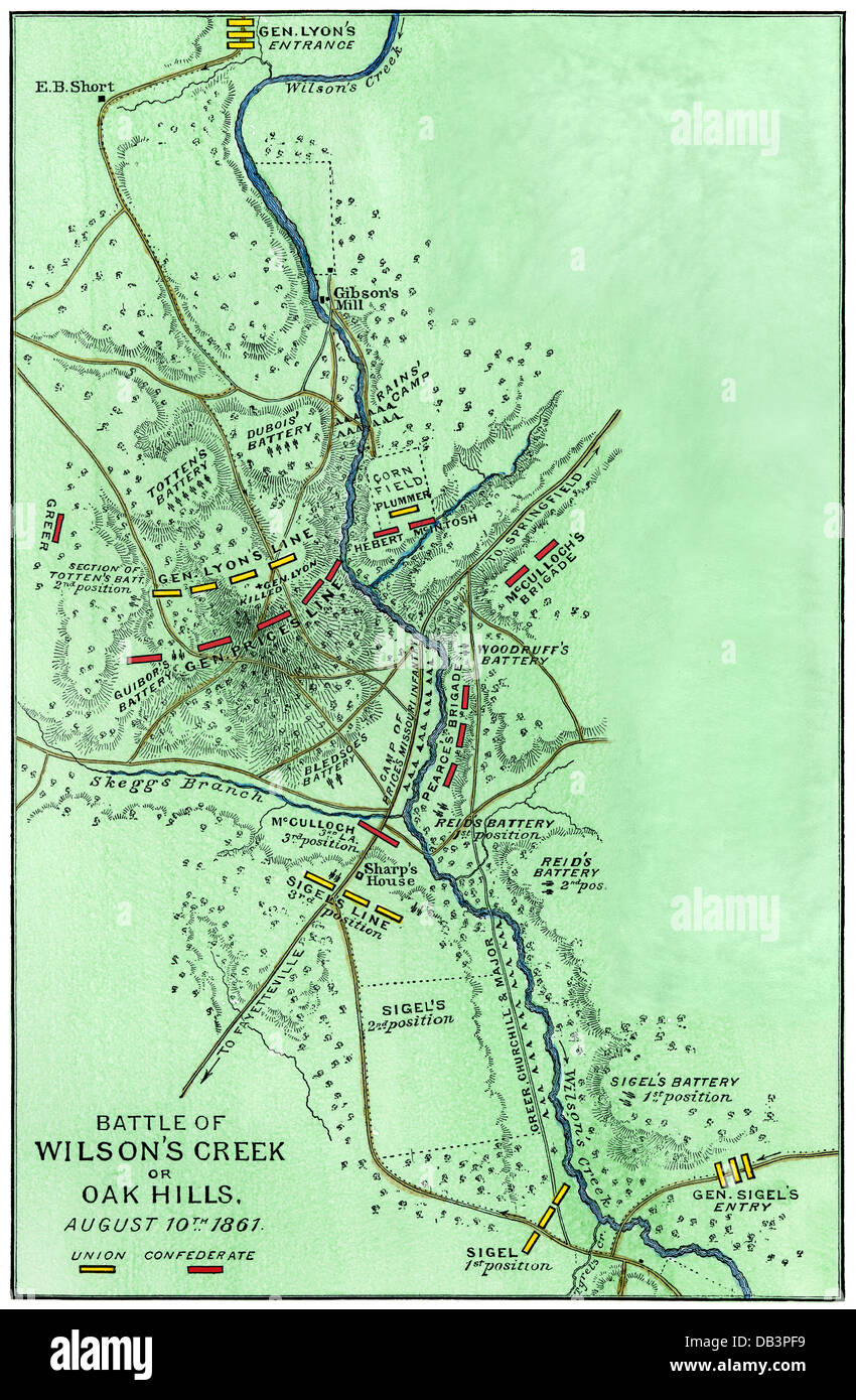 Map of the Battle of Wilson's Creek, Missouri, 1861.  Hand-colored woodcut Stock Photo