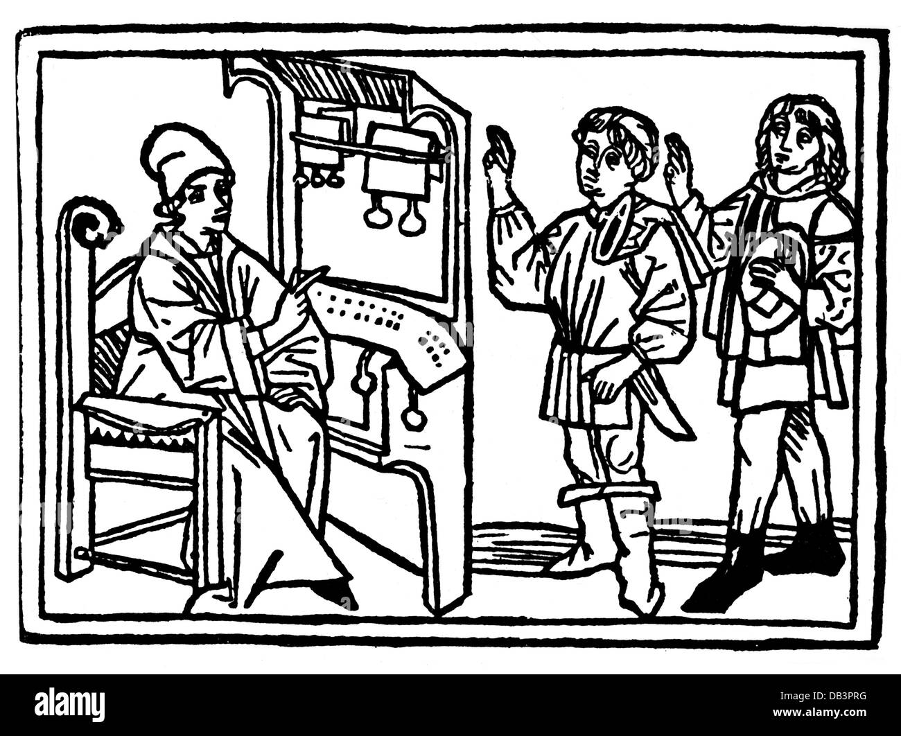 justice, civil law notaries, civil law notary engaging two clerks, woodcut, from: Rodericus Zamorensis (1404 - 1470): 'Speculum Vitae Humanae', print: J.Bämler, Augsburg, 1479, Additional-Rights-Clearences-Not Available Stock Photo