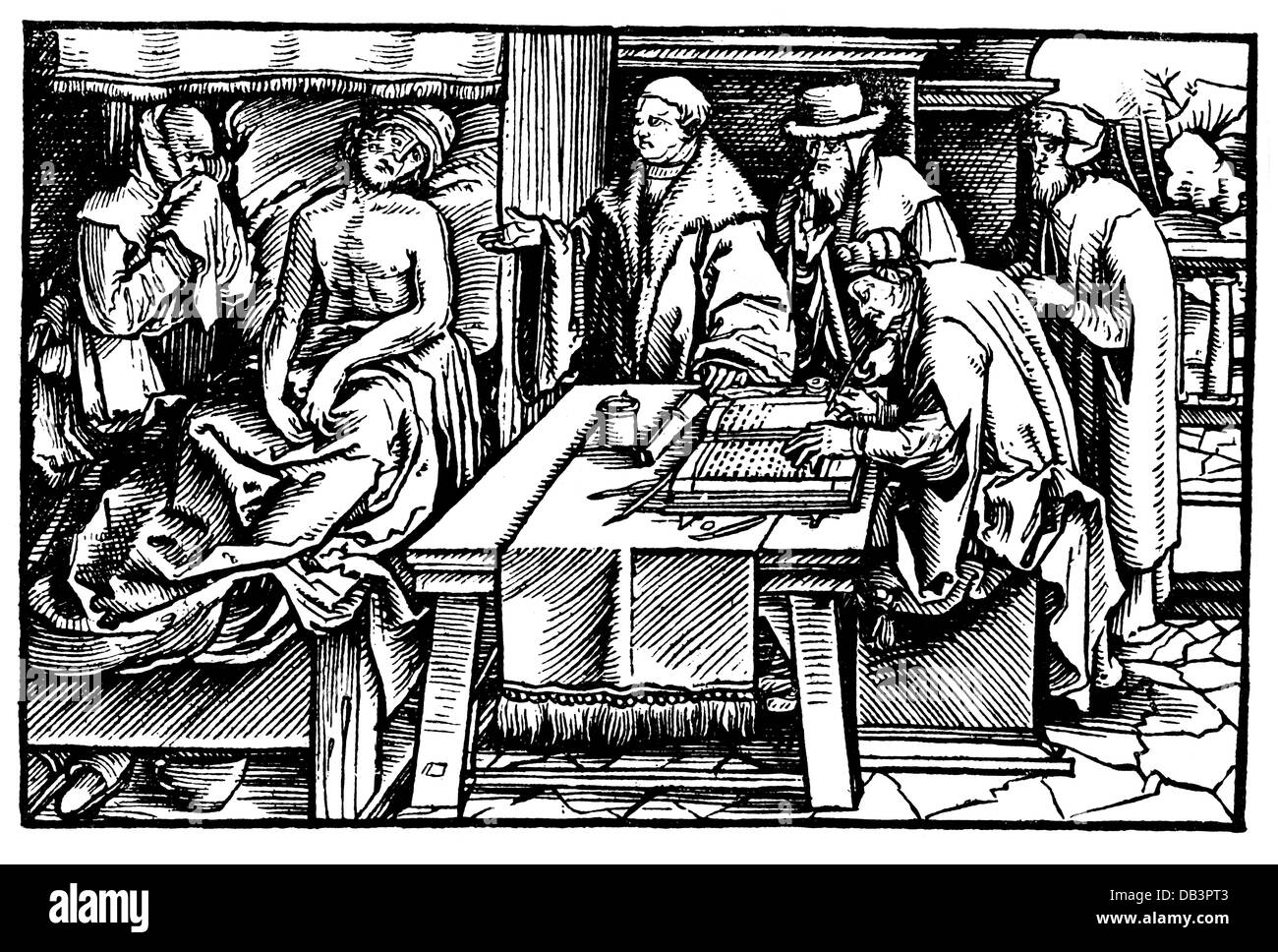 justice, civil law notaries, civil law notary writing down the last will of a dying man, woodcut of the Petrarcameister, from: Francesco Petrarca (1304 - 1374), 'Trostspiegel in Glück und Unglück' (De remediis utriusque fortunae), print: Heinrich Steyner, Augsburg, 1539, Additional-Rights-Clearences-Not Available Stock Photo