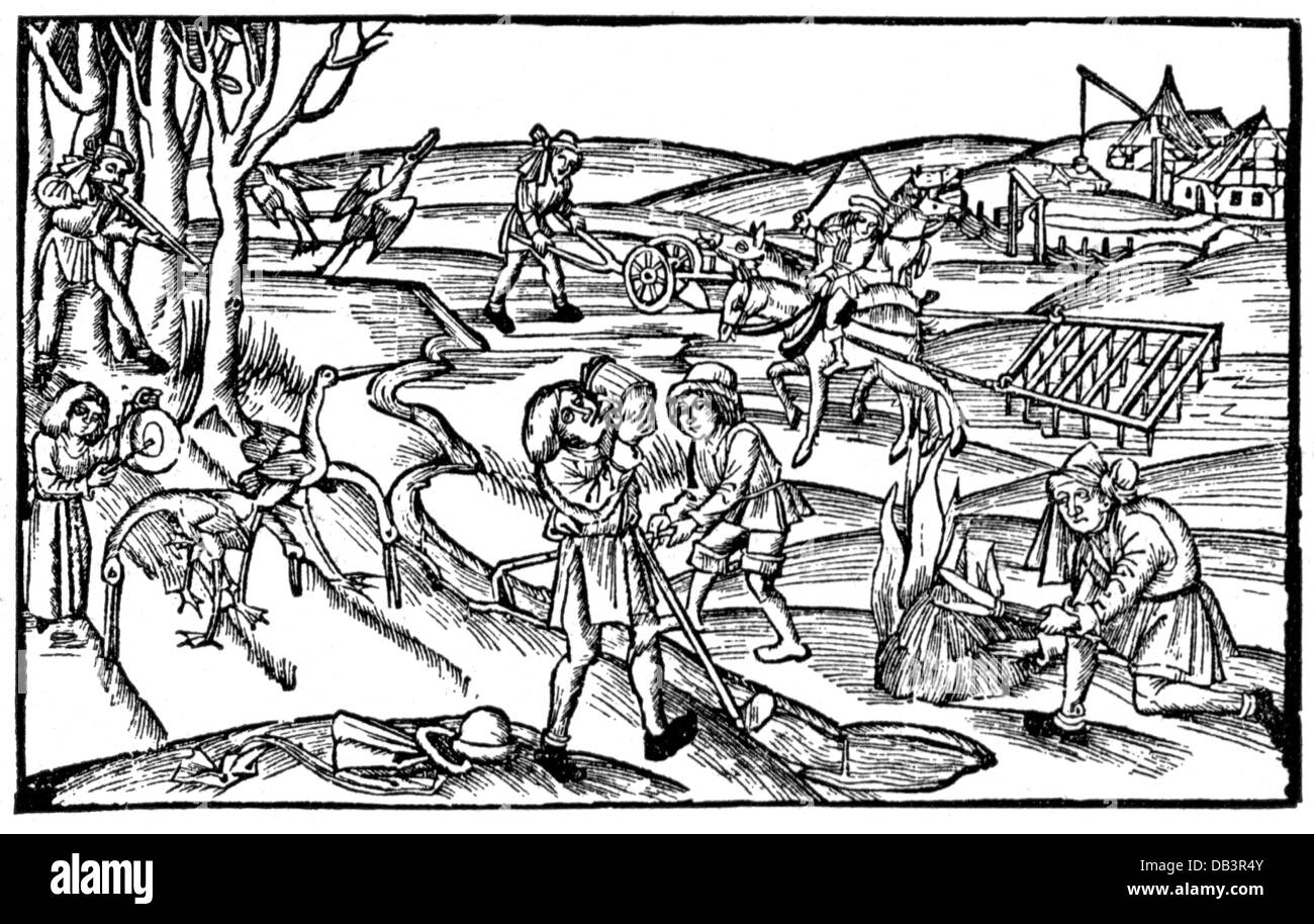 agriculture, farm labour, field, peasants doing field work, woodcut, from: Publius Vergilius Maro (70 - 19 BC), 'Opera', editor: Sebastian Brant, print: Hans Grüninger, Strasbourg, 1502, Additional-Rights-Clearences-Not Available Stock Photo