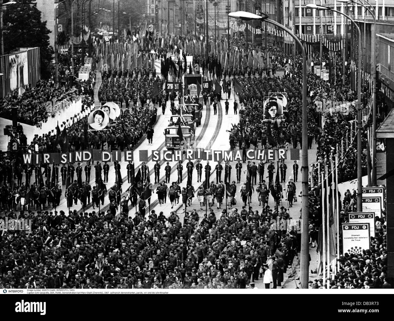 geography / travel, East Germany, politics, demonstration, manifestation during the annual meeting of the Freie Deutsche Jugend (Free German Youth, FDJ), banner 'We are the pacemakers', Karl Marx Stadt (Chemnitz), 1967, Additional-Rights-Clearences-Not Available Stock Photo