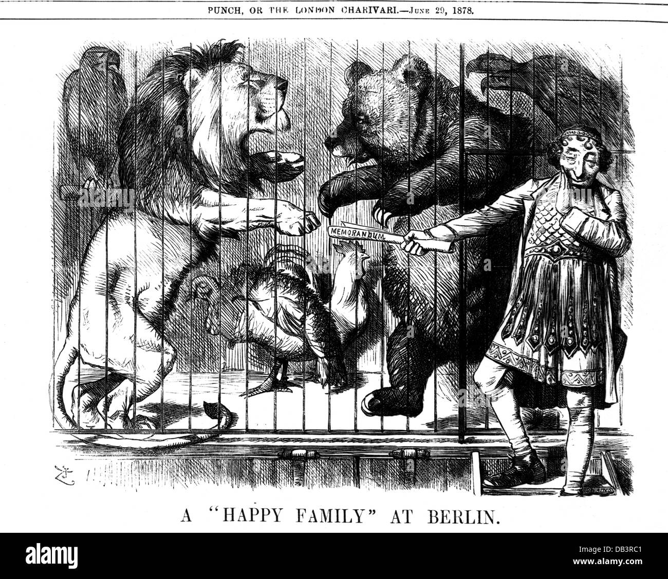 politics, conferences, Congress of Berlin 13.6. - 13.7.1878, British Prime Minister Benjamin Disraeli an a 'Happy Family', wood engraving, 'Punch', London, 29.6.1878, Additional-Rights-Clearences-Not Available Stock Photo