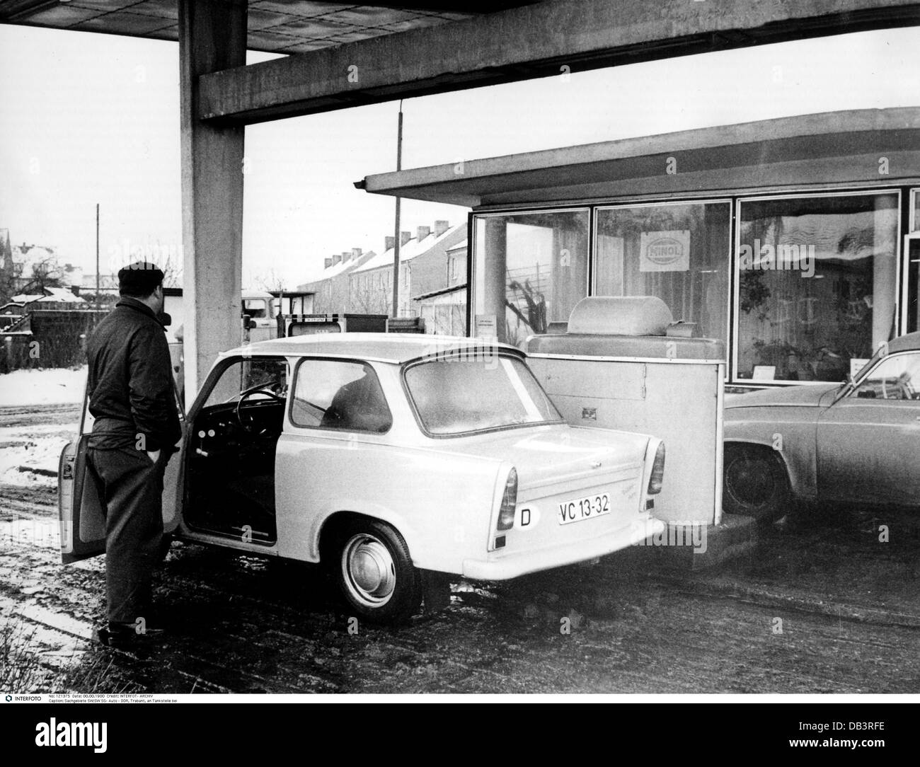 transport / transportation, car, petrol station, Sachsenring Trabant 601 at a petrol station near Merseburg, East-Germany, 1970, Additional-Rights-Clearences-Not Available Stock Photo