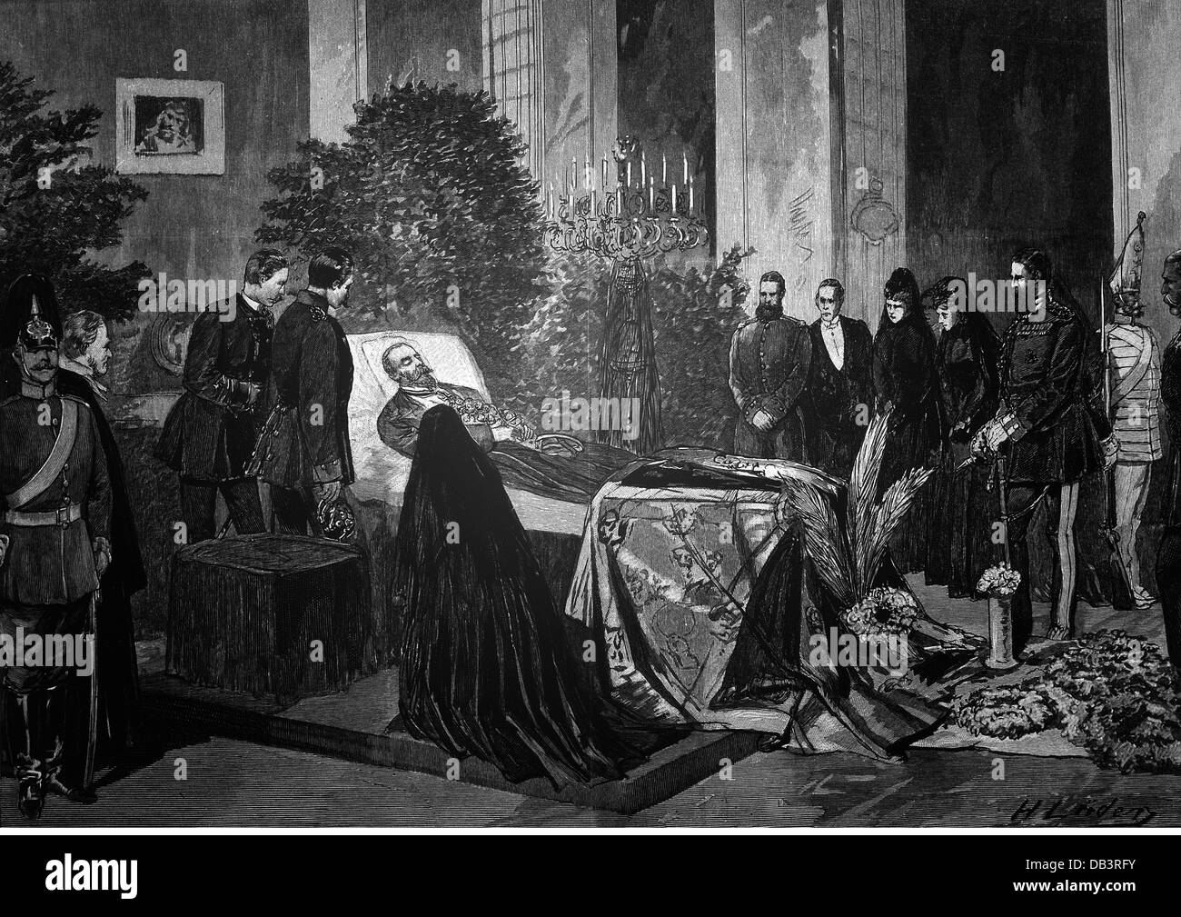 Friedrich III, 18.10.1831 - 15.6.1888, German Emperor 9.3.1888 - 15.6.1888, death, lay out in of the Jasper Gallery, castle Friedrichkron, 16.6.1888, contemporary wood engraving after drawing by Lueders, Stock Photo