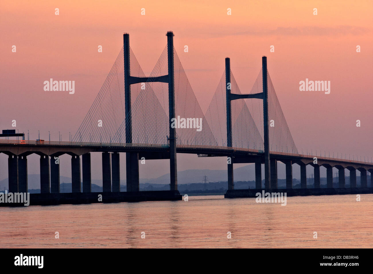 Close shot of Second Severn Crossing bridge at sunset in July Stock Photo