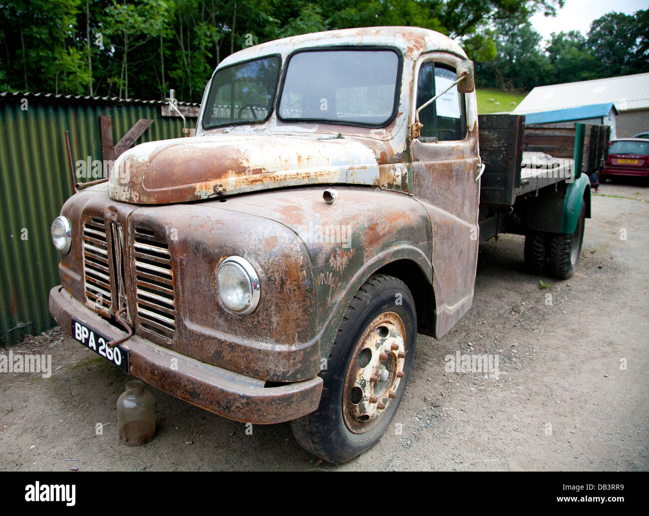 Rust covered 1950s flat bed truck used as a getaway car by the Great Train Robbery team in Cae Dai 1950 Museum, Denbigh Stock Photo