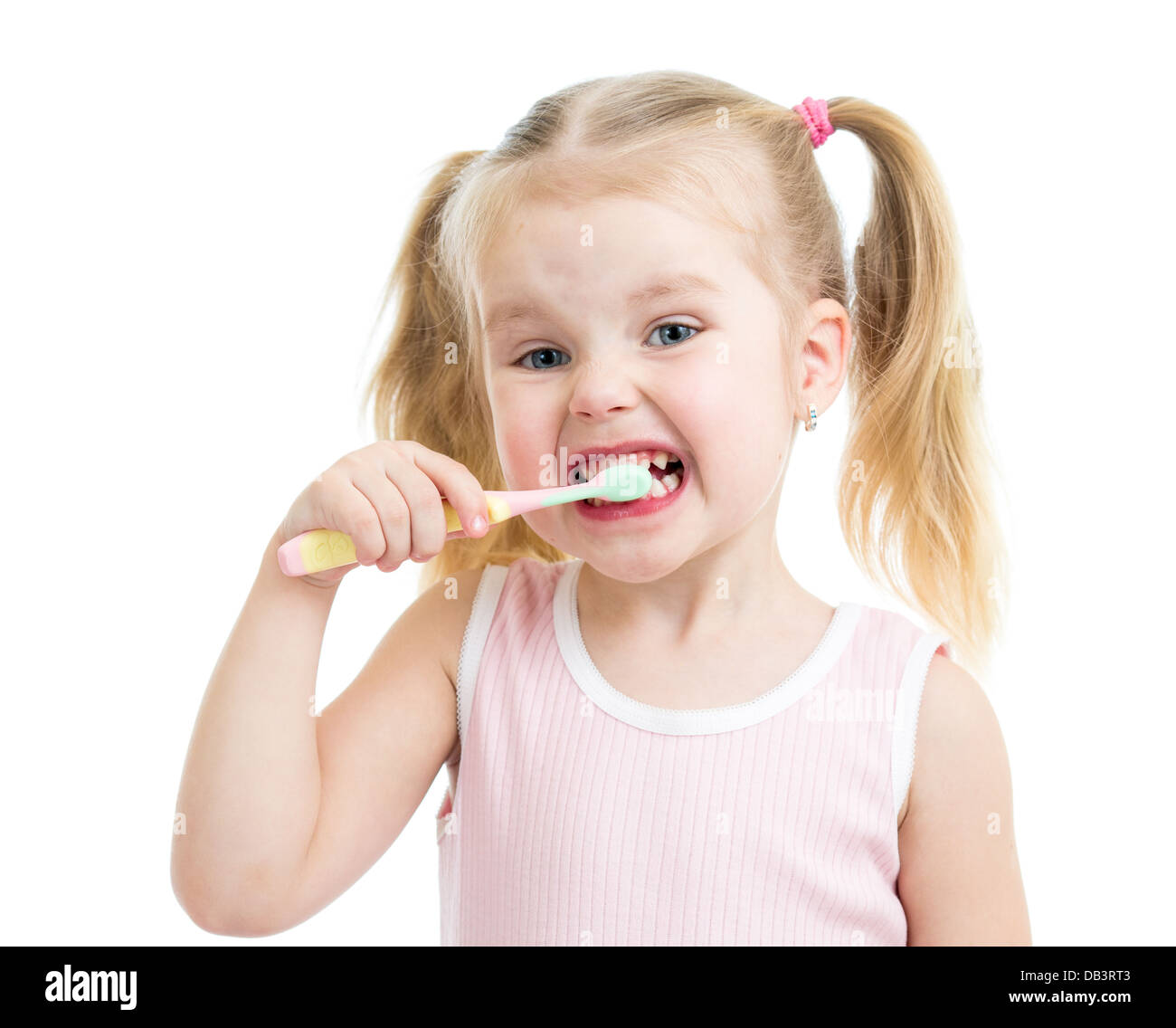 child girl brushing teeth isolated on white Stock Photo