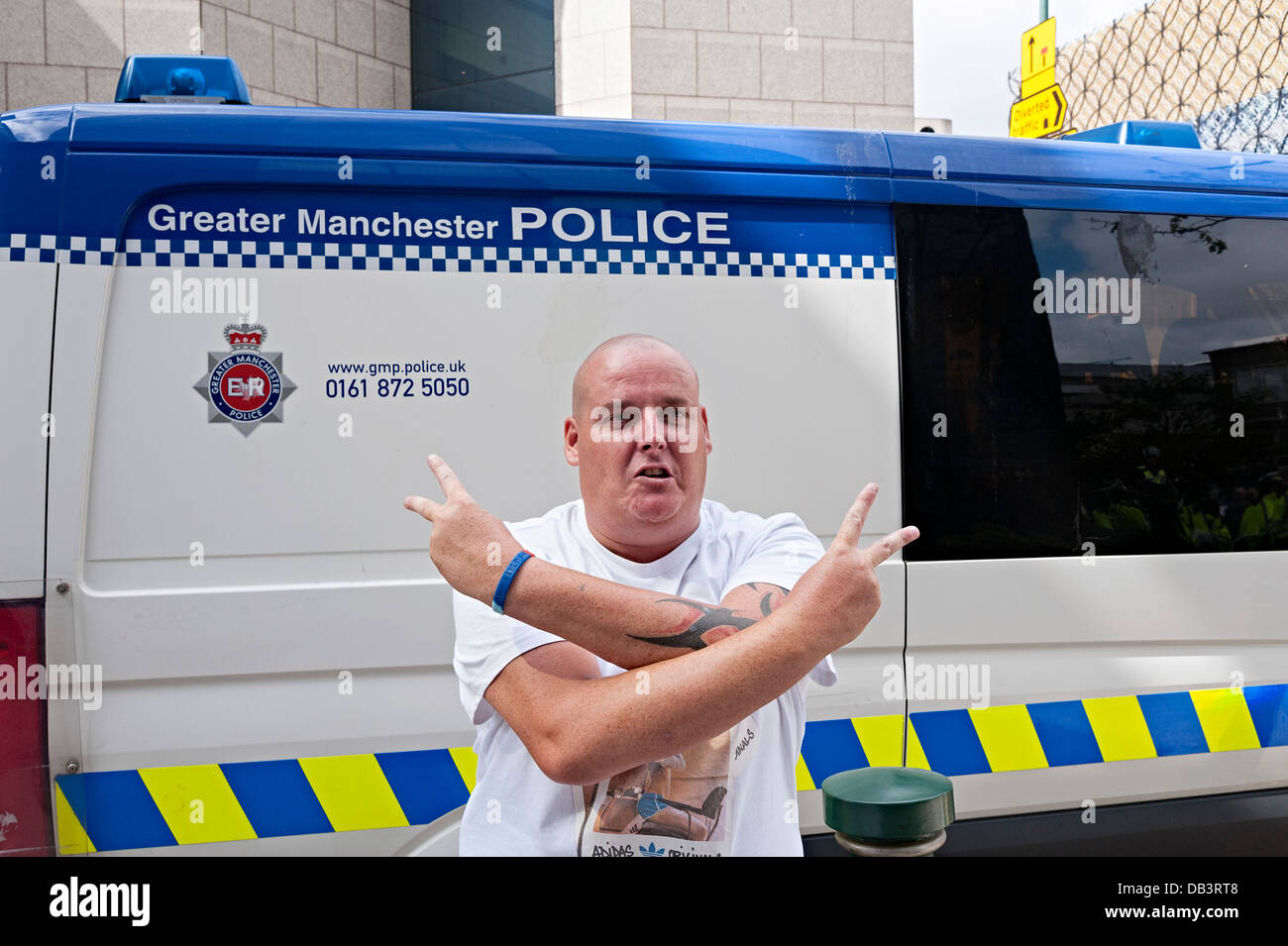 edl protest birmingham july 20th 2013 protester in front of van Stock Photo