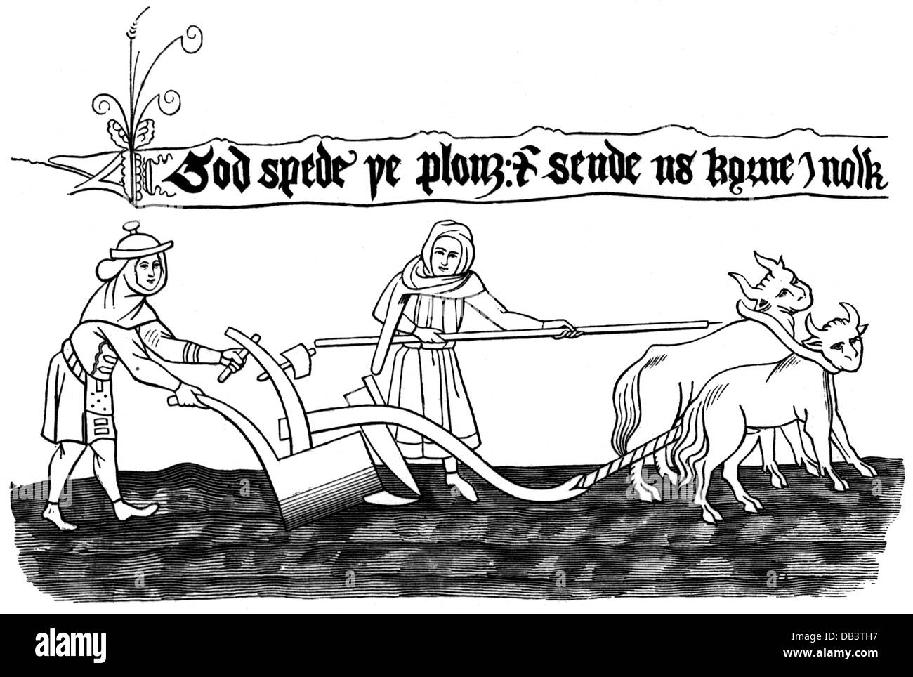 agriculture,agricultural work,plowing,farmer and farmer's wife on the field,Anglo-Saxon miniature,circa 11th century,wood engraving,19th century,Middle Ages,people,man,men,woman,women,ploughs,plows,animals,animal,ox,span of oxen,team of oxen,team,England,working,plough,plow,ploughing,plowing,Anglo-Saxon,Anglo-Saxons,script,scripts,old English,agriculture,farming,agricultural work,farm labour,farm labor,farmer,farmers,farmer's wife,countrywoman,countrywomen,field,fields,miniature,miniatures,historic,historical,med,Additional-Rights-Clearences-Not Available Stock Photo