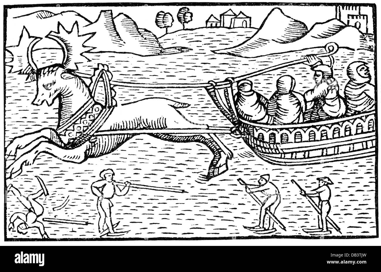 transport / transportation, sleigh, sleigh drawn by an elk, woodcut, 'History of the Nordic People' ('Historia de Gentibus Septentrionalibus') of Olaus Magnus, Rome, 1555, Additional-Rights-Clearences-Not Available Stock Photo