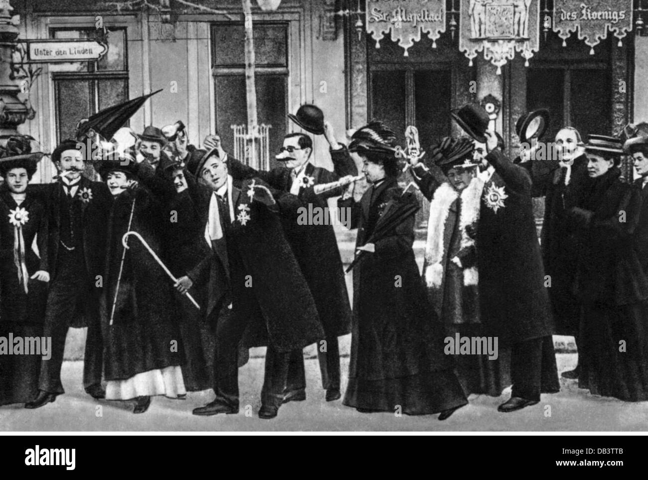 festivities, New Years Eve, New Years Eve at the Unter den Linden in Berlin, funny postcard, 1900, Additional-Rights-Clearences-Not Available Stock Photo