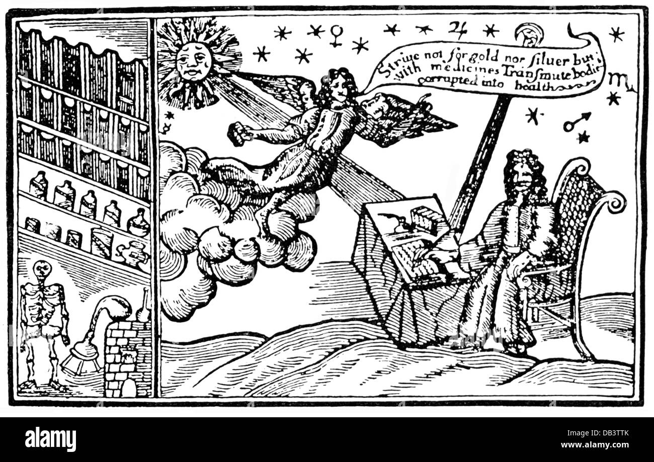 Case, John, circa 1660 - 1700, English astrologer and quacksalver, half length, angel delivering message of the healing powers, woodcut, 17th century, Stock Photo