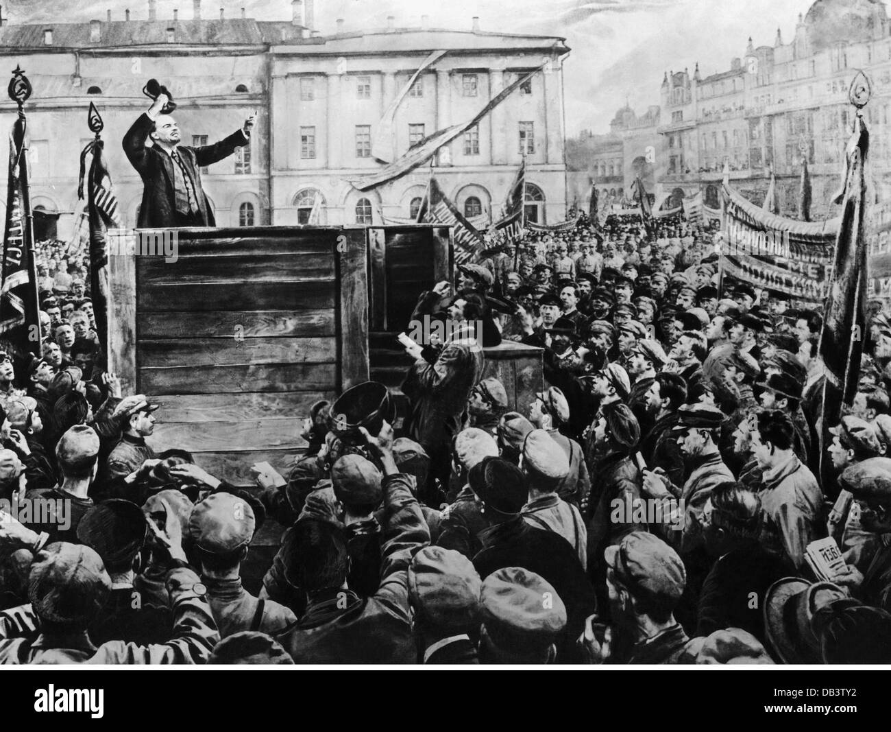 Lenin (Vladimir Ilyich Ulyanov), 22.4.1870 - 21.1.1924, Russian politician, half length, speaking to workers, 1918, after painting by Isaac Izrailevich Brodsky (1884 - 1939), 1932, Stock Photo