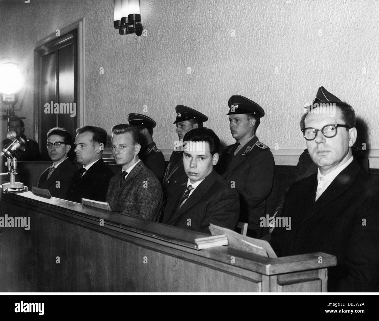 geography / travel, East Germany, justice, Supreme Court, show trial against Heinz Fink, Dieter Gengelbach, Wolfdieter Sternheimer, Hartmut Stachowitz and Horst Sterzik, accused od espionage and terrorism, East Berlin, 30.8.1962, Additional-Rights-Clearences-Not Available Stock Photo