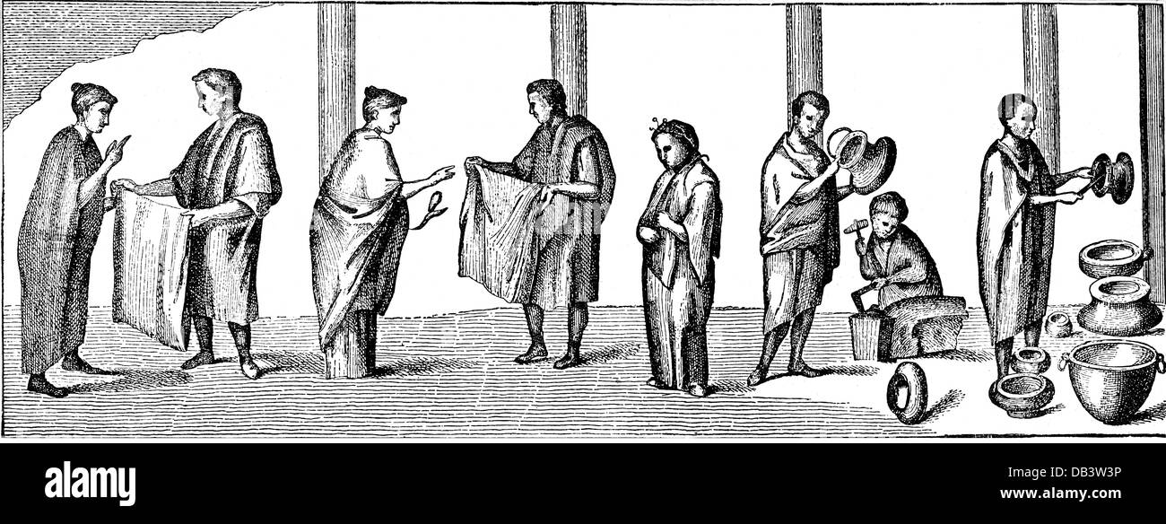 trade,merchants,Roman cloth merchants and coppersmith,after ancient picture,wood engraving,19th century,ancient world,ancient times,graphic,graphics,Rome,profession,professions,merchant,merchants,sale,sales,selling,sell,buyer,active buyers,customer,customers,purchasing,purchase,buy,buying,textiles,textile,fabric,fabrics,cloth,cloths,handicraft,handcraft,craft,craftsman,craftsmen,coppersmith,coppersmiths,brazier,braziers,blacksmith,smith,vessel,vessels,half length,standing,historic,historical,people,ancient worl,Additional-Rights-Clearences-Not Available Stock Photo