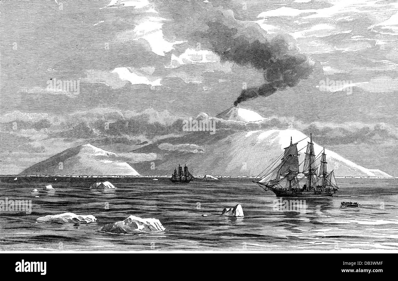 Ross, Sir James Clarke, 15.4.1800 - 3.4.1862, British arctic explorer, here: 'Erebus volcano' on Ross Island, contemporary woodcut, 19th century, Stock Photo