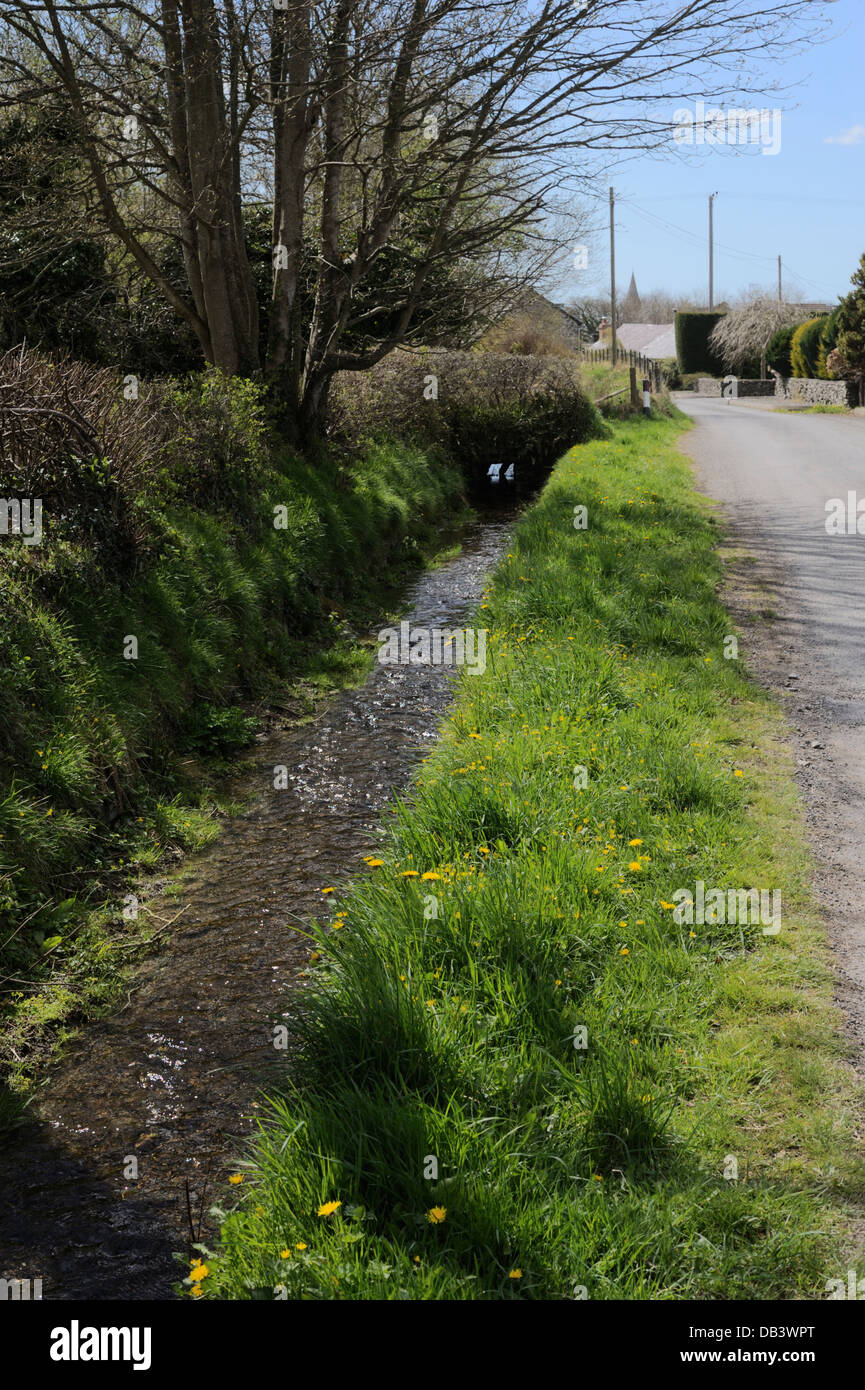 Old leat flowing with water to supply a working corn mill, Llanrhystud